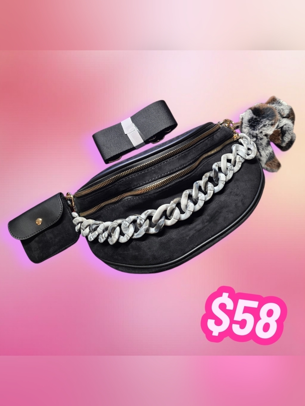 Bum Bag Bundle Deal | Black Vegan Suede Crossbody +  Acrylic Chain & Bunny